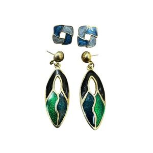 2 Pairs Vintage Cloisonné Enamel Dangle & Post‎ Earrings Gold Tone Jewelry